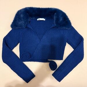 Zara Navy Knit Sweater with Faux Fur Trim